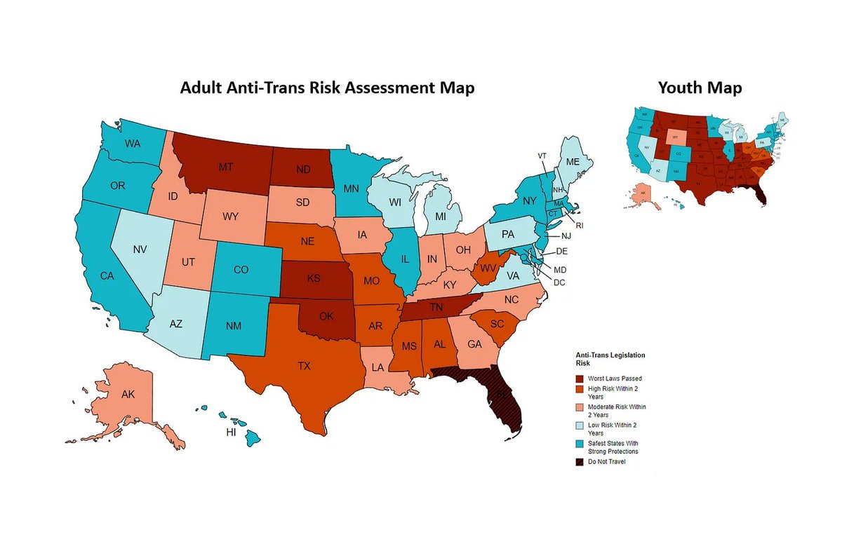 ErinInTheMorn's tweet photo. I have continually tracked anti-trans laws, helping people understand the landscape.

The old map focused on youth, and unfortunately, many laws passed. Now, trans adults are increasingly targeted. As such, I have issued my first adult risk map.

Subscribe to support my work. https://t.co/802ZRNTUSi