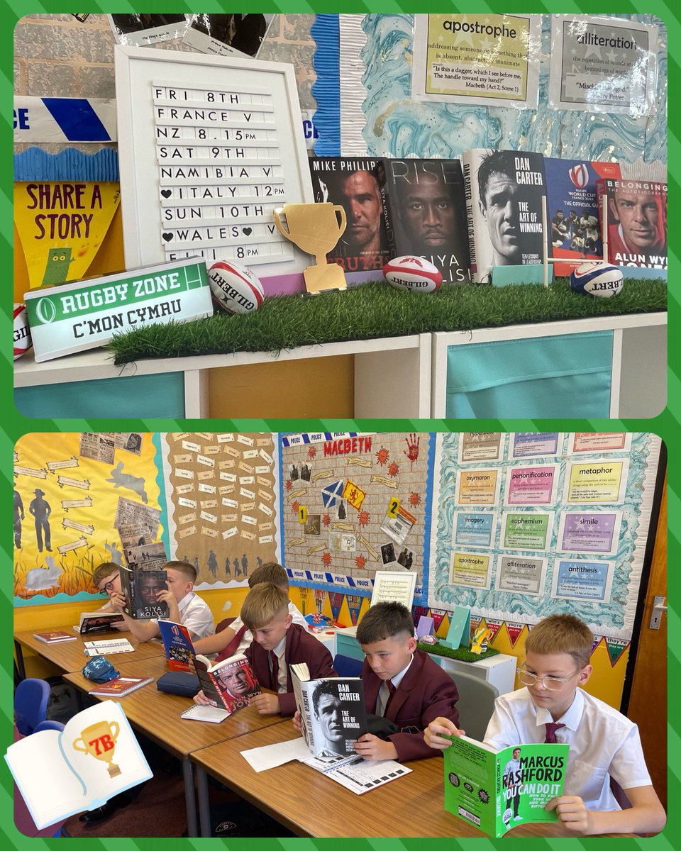 Our future 7B 🏴󠁧󠁢󠁷󠁬󠁳󠁿 Dragons have got into the @rugbyworldcup 🏆 spirit early by reading about some of their @WorldRugby sporting heroes 🤩 An impressive starting lineup too! 📖🏉@mikephillips009 @SiyaKolisi @DanCarter @AlunWynJones @WelshRugbyUnion #readersareleaders  #ViveleCymru