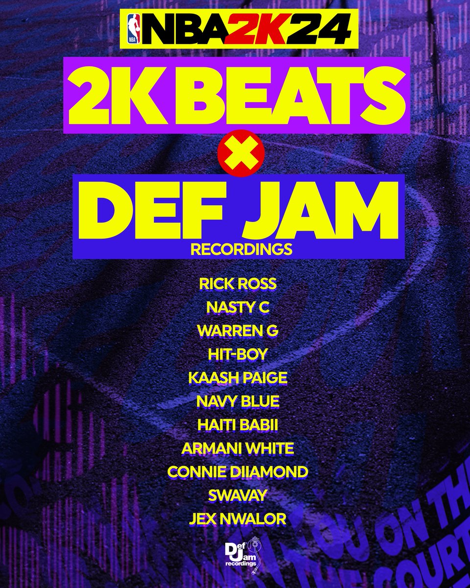 We’re partnering with <a href="/defjam/">Def Jam Recordings</a> for their 40th anniversary and Hip Hop's 50th to feature new music from their rising artists created exclusively for #NBA2K24 along with tracks from other iconic artists from the Def Jam roster 🫡 🎵