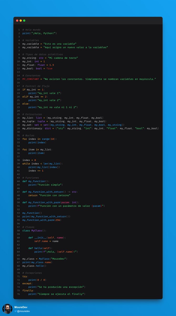 Ya que el jueves celebramos el día de la programación, hemos creado recursos como este donde puedes consultar la sintaxis básica de 44 LENGUAJES DE PROGRAMACIÓN!

Trabajazo de la comunidad 🙌

github.com/mouredev/retos…
