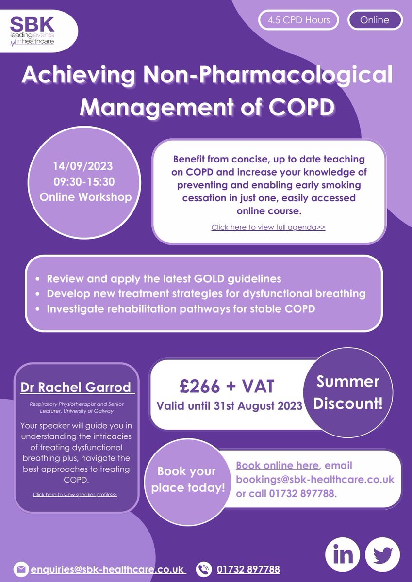 rachel garrod (@rachhagan) on Twitter photo One week to go! Practical, evidence based and clinically relevant overview of non-pharma COPD management including discussion of COVID.
Contact Leonna.Beadle@sbk-events.co.uk
for more info.
Email bookings@sbk-events.co.uk to book.
Please share guys. One week to go! Practical, evidence based and clinically relevant overview of non-pharma COPD management including discussion of COVID.
Contact Leonna.Beadle@sbk-events.co.uk
for more info.
Email bookings@sbk-events.co.uk to book.
Please share guys.
