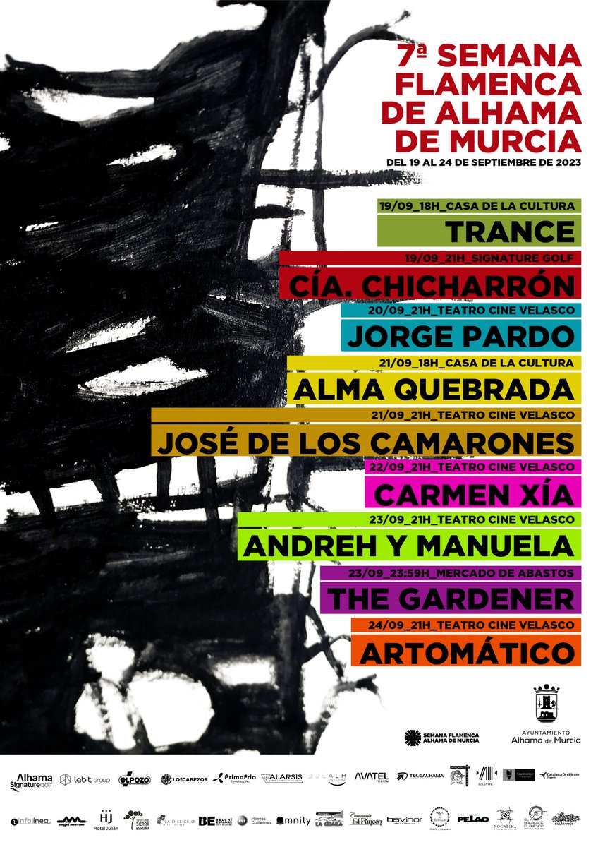 SfamFestival's tweet photo. Aquí tenéis la programación de la 7ª Semana Flamenca de #AlhamaDeMurcia. Del 19 al 24 de septiembre tenéis una cita con el #flamenco #heterortodoxo #JorgePardo #JoséDeLosCamarones #Artomático #AndrehYManuela #CarmenXía #TheGardener #CíaChicharrón https://t.co/ZVvSl2LP0E