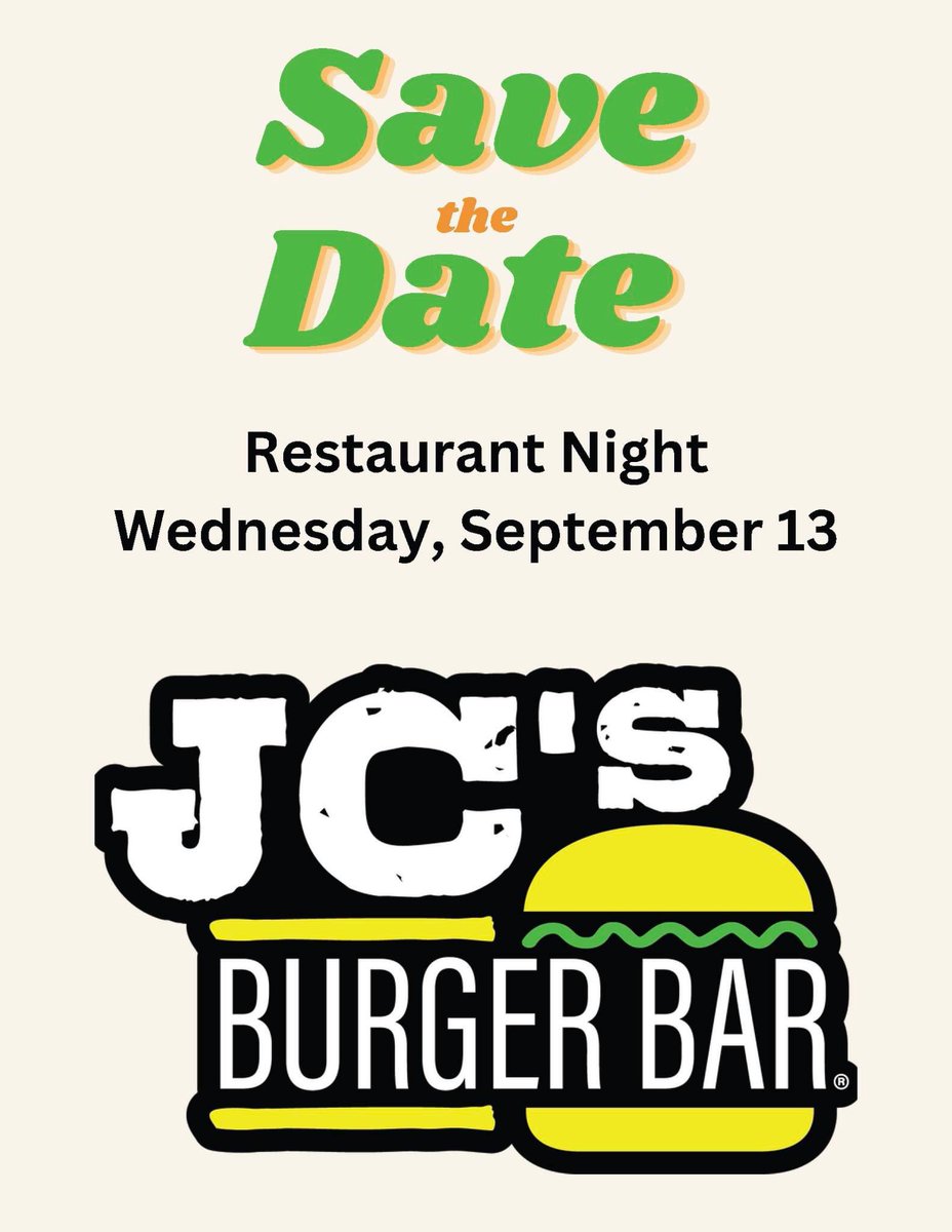 Save the date and save some time! Join us for PTO Restaurant night at JC's Burger Bar in Coppell! A portion of the proceeds come back to the PTO, and it's a great way to hang out with other Mustangs (and take a night off doing the dishes!) See you there!