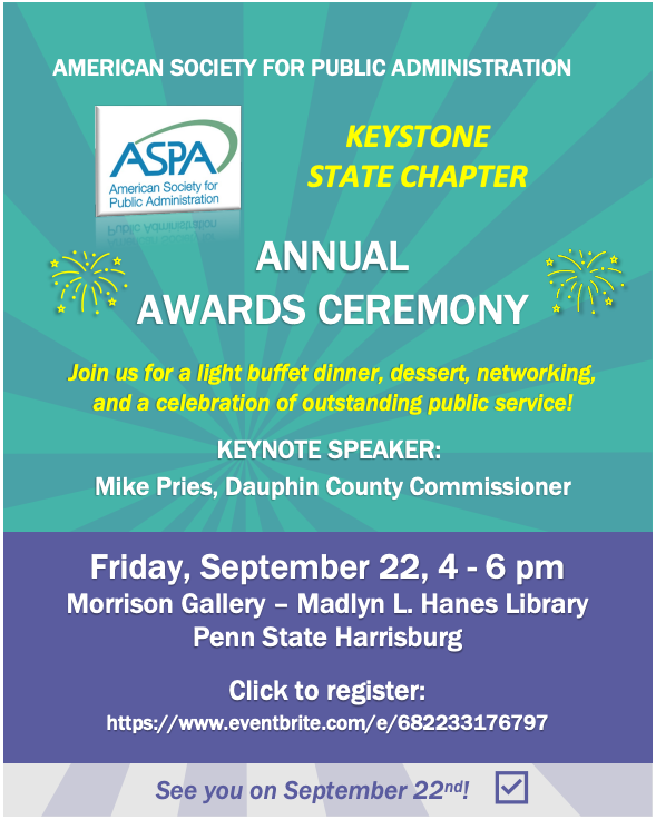 Event Alert!!

Keystone State Chapter Awards Dinner

The Awards Dinner will be held on Friday, September 22 from 4 to 6 pm at the Madlyn L. Hanes Library, 351 Olmsted Drive, Middletown, PA 17057

The registration deadline is September 10th

Registration: eventbrite.com/e/annual-award…