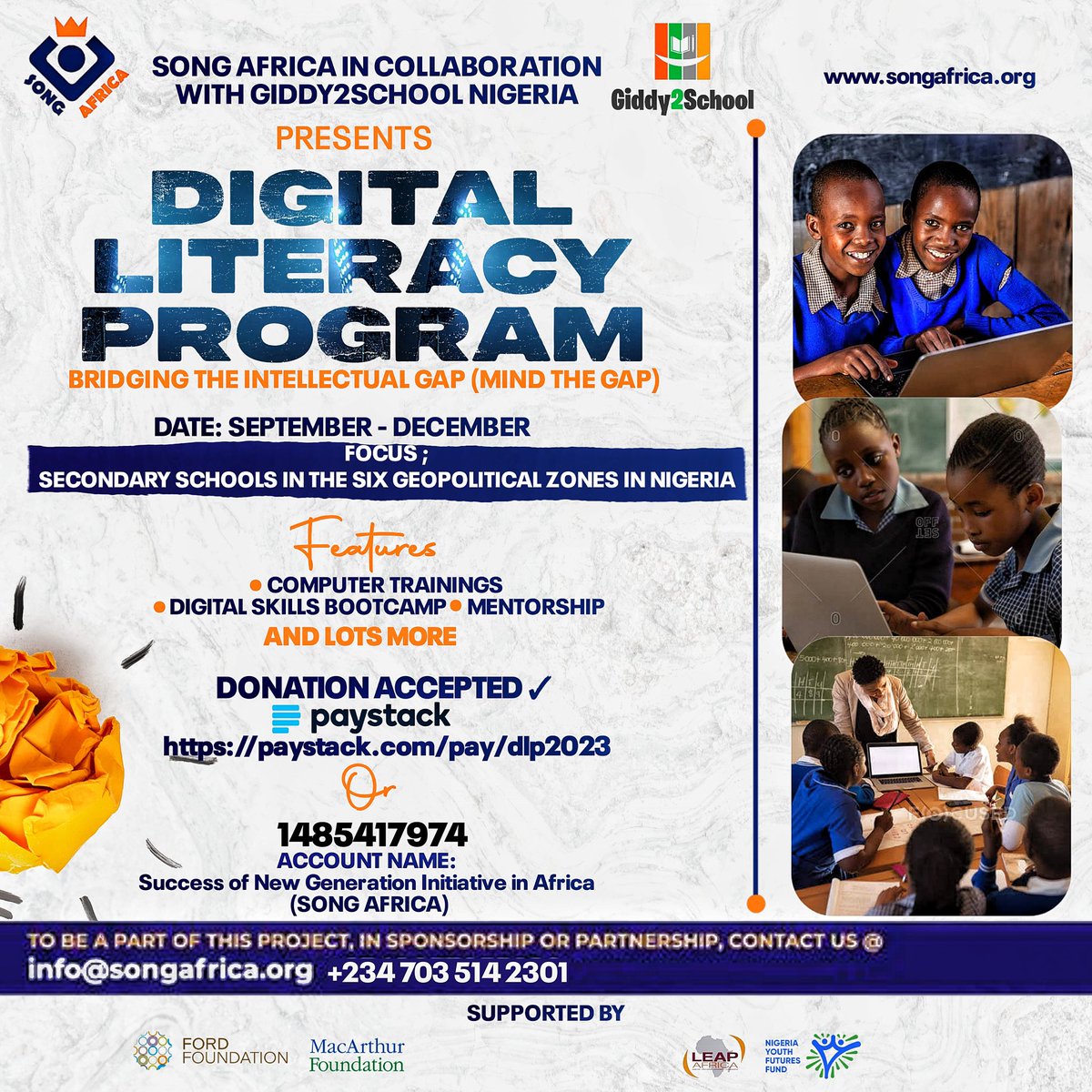 We are super excited to work with @song__africa on this project to see that quality ICT orientation and mentorship are brought to various communities across the six(6) geo political zones of Nigeria over the next few months.
#ICT #digitalliteracy #SONGAFRICA #giddy2school