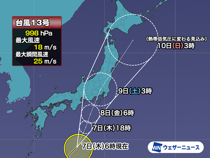 wni_jp's tweet photo. 【台風情報】
9月7日(木)6時現在、台風13号（インニョン）は日本の南を北北東に進んでいます。今日から明日8日(金)にかけて伊豆諸島では強まる風雨に注意してください。

8日(金)には関東や静岡周辺などに接近・上陸する可能性があります。今後の情報にご注意を。
https://t.co/lJz6qJRU1T https://t.co/P32IqrEfUy