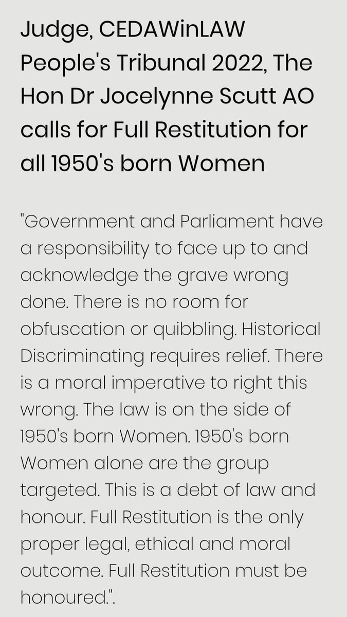 annfenner1's tweet photo. @Tom_Randall
🟠IMPORTANT! Have you read/listened to updated news on #50sWomen SP injustice?
🟠Hon Dr Jocelynne Scutt AO - Why we need justice now? #ARDnow
https://t.co/Uwu6UIhEnV……
https://t.co/E41pY9tS1e……
https://t.co/2nf8szAOpF……
https://t.co/5nm2XBv829 https://t.co/feUaXZchkm