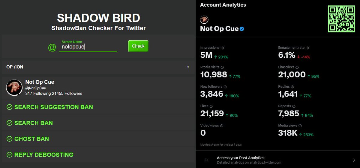 NotOpCue's tweet photo. Since Subscribing To Twitter/@X Premium I Am Pleased To Announce That All Shadow Bans Have Been Lifted From My Account (@NotOpCue), Including:
✅ Search Suggestion Ban
✅ Search Ban
✅ Ghost Ban
✅ Reply Deboosting
Check Your Shadow Ban Status:
🔗 https://t.co/gvECG6pJvE