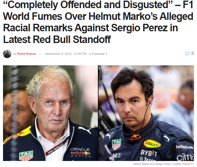 7well's tweet photo. “He is South American and (that’s why his) head is not as focused as Max’s or Sebastian’s”

F*ck you, Marko! You're just a xenophobic assh*le!!

We, South American citizens. demand apologies, @redbullracing !!!

#marko 
#HelmutMarko  
#HelmutRacist 
#perez https://t.co/9lASHQWDCu