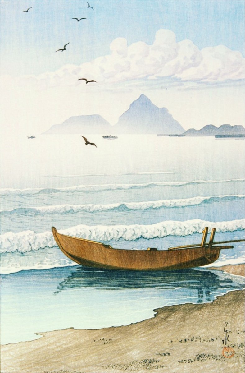 A Boat Being Pulled onto Shore at Sunset, 1934

by Hasui Kawase