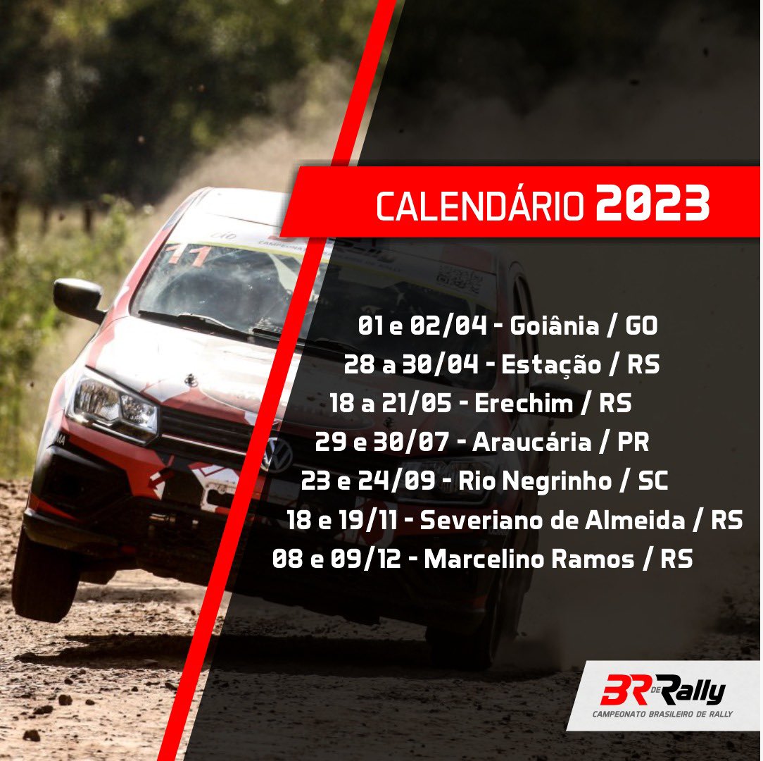 BRdeRally's tweet photo. Mudanças no calendário 2023 do BR de Rally. 
A prova prevista para Venda Nova do Imigrante / ES sai da programação e Marcelino Ramos / RS entra para encerrar o campeonato. 

#BRdeRally https://t.co/0KP3vqQK6n