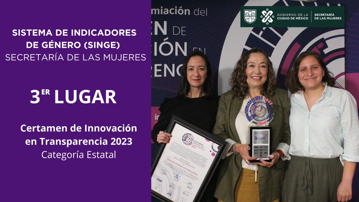 🎉Queremos compartirles que estamos alegres y entusiasmadas, pues nuestro Sistema de Indicadores de Género (SINGE), ganó el tercer lugar en la categoría Estatal del Certamen de Innovación en Transparencia 2023 del <a href="/INAImexico/">INAI</a>.
En este 🧵 te explicamos de qué se trata.
