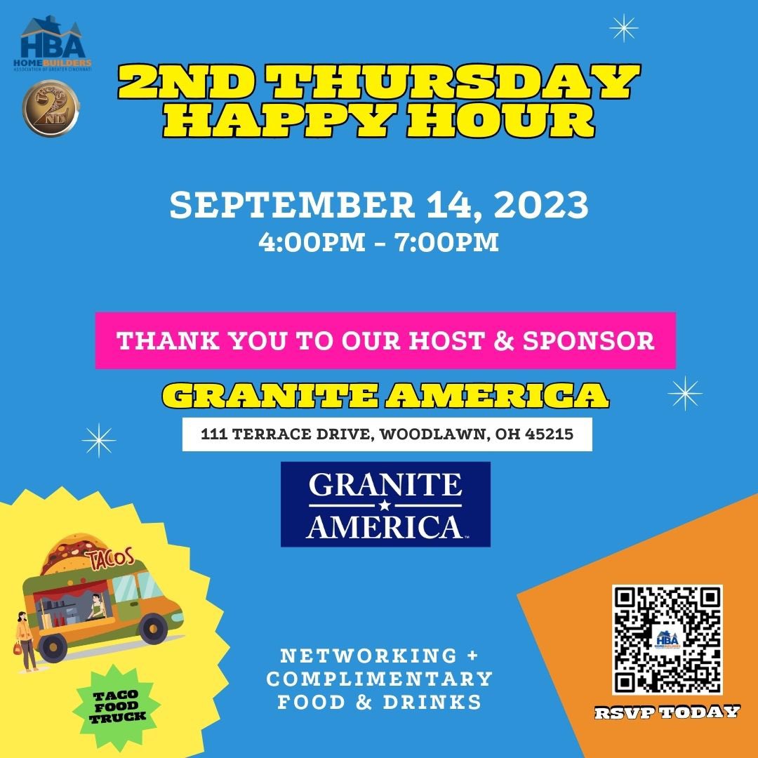 Taco Tuesday 🌮 on a Thursday❣️ Join us for 2nd Thursday Happy Hour at Granite America next week! 🤗 Come network and enjoy complimentary food and drinks 🍺🍷! RSVPs are appreciated at CincyBuilders.com!