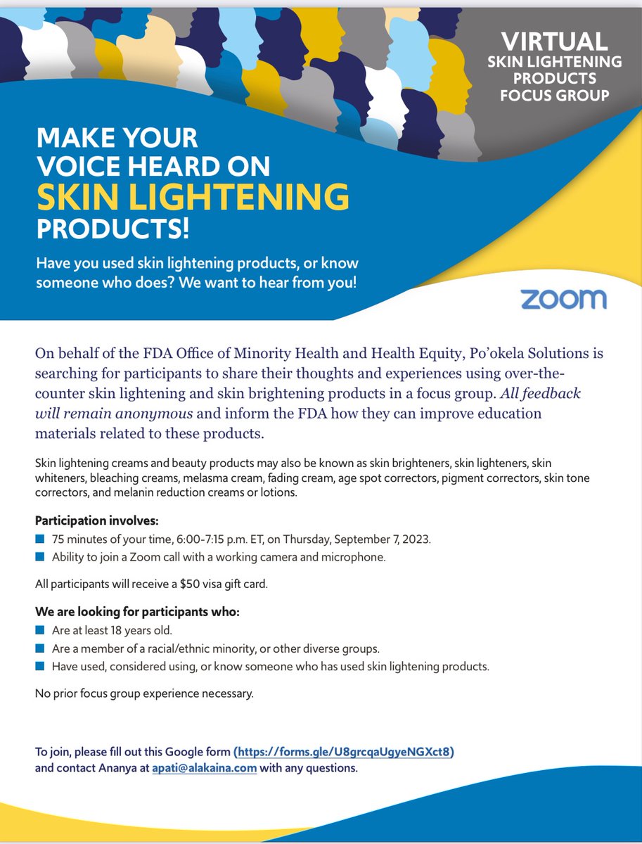 drtatiwarren's tweet photo. Make your voice heard on skin lightening products‼️ Join the conversation and let’s help inform  @FDAHealthEquity how they can improve education materials related to these products. #HealthEquity #skincare #skinlightening #skinbleaching 

Register Now: https://t.co/fdByFhXbVM https://t.co/GrhjvseTMM