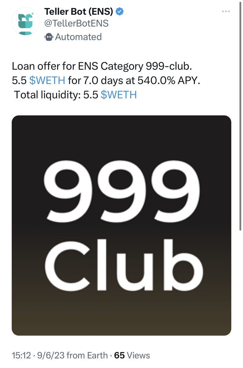 Someone just made a 5.5 eth loan offer on any 999 club

That's 69% LTV 😯