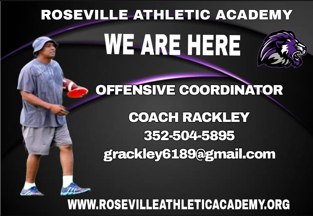 Roseville Athletic Academy would like to announce their new offensive coordinator. Coach Rackley has been OC for over 15 years. Coach Youth, High School and Professional football . #UCANMAKEIT @grackley6189