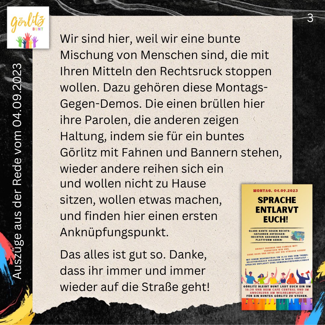 Am Montag ging es wieder in #Görlitz darum, #Haltung zu zeigen, #zusammenzustehen und #Rechte nicht ziehen zu lassen. 

Auszüge aus dem Redebeitrag.

#keinmmnachrechts #niewieder #Demokratie #goerlitzbleibtbunt #wolfimschafspelz #jetzt #antifaschismus