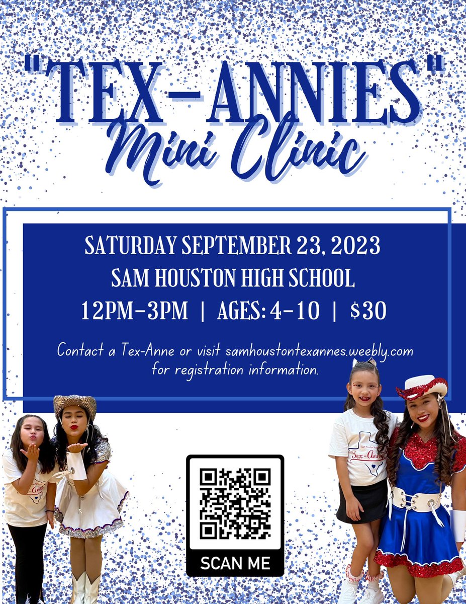 Calling all future Tex-Annes! 📢
We are so excited to announce our annual “Tex-Annies” Jr. Dance Clinic happening on Saturday September 23rd! Scan the QR code to register or check out our website for more information! We hope to see you there ✨
samhoustontexannes.weebly.com/mini-clinic.ht…