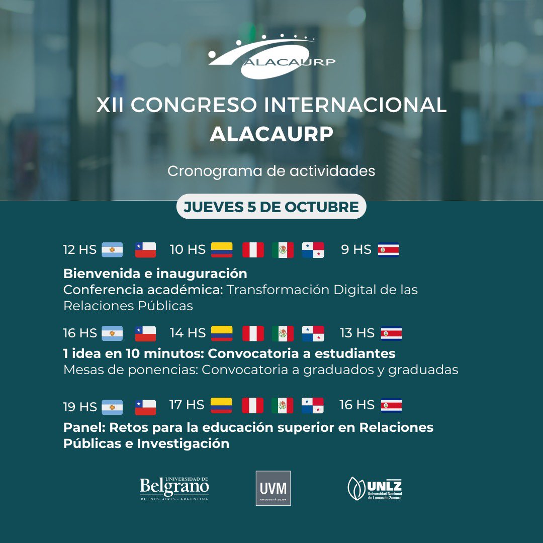 Presentamos el cronograma de las jornadas del XII Congreso “Relaciones Públicas: escenarios, adaptación y nuevas tendencias”. Conocé las actividades de ambos días que estarán divididas en tres franjas horarias. 

Link de inscripción 👉🏻 forms.gle/vhwVTX3o6PHary…