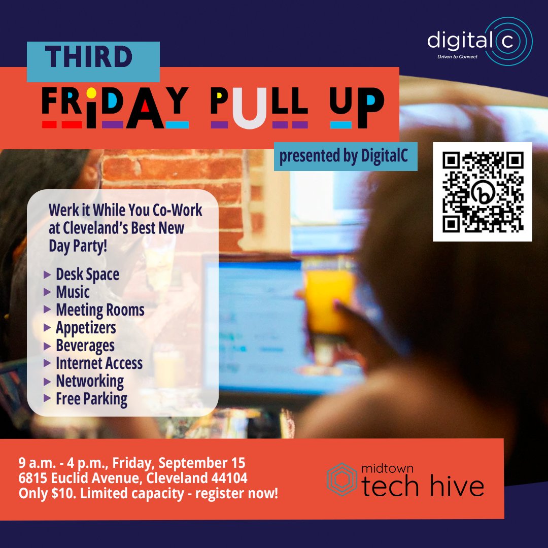 Werk it while you work and pull up NEXT FRIDAY, September 15th to DigitalC’s MidTown Tech Hive for the first co-working day party. 🎉 Enjoy networking, appetizers, beverages, meeting rooms, music, desk space, & free parking. Register here: bit.ly/3LcNH0E