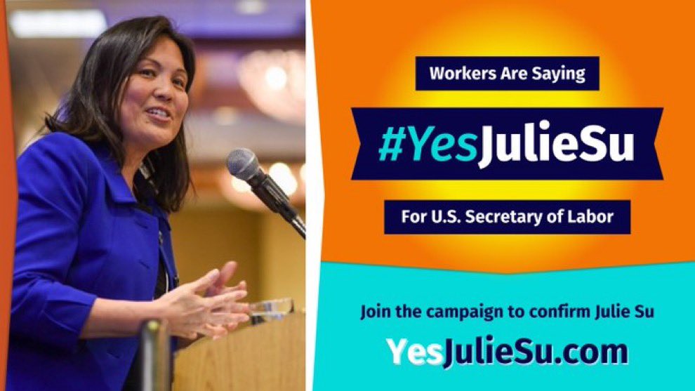As a daughter of immigrants, who worked in sweatshops, I know we need a Secretary of Labor at @USDOL who will put workers first. Julie Su is the most qualified & committed leader advocating for workers’ rights. I urge the Senate to swiftly confirm her. Join us to say #YesJulieSu!
