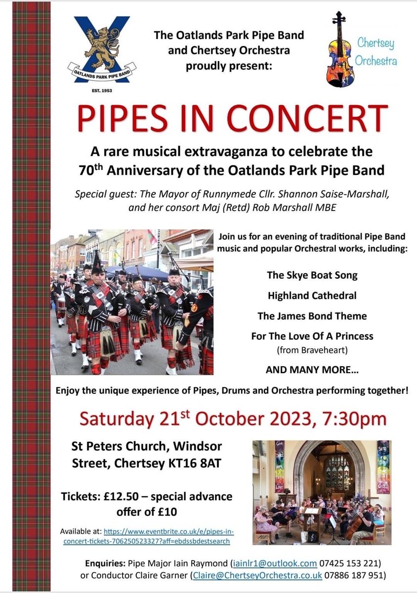 PIPES IN CONCERT
The Oatlands Park Pipe Band Celebrate their 70th Anniversary with a Special Concert, joined by the Chertsey Orchestra. Tickets are now available to purchase online via: eventbrite.co.uk/e/pipes-in-con…  Enquiries via: Claire@ChertseyOrchestra.co.uk