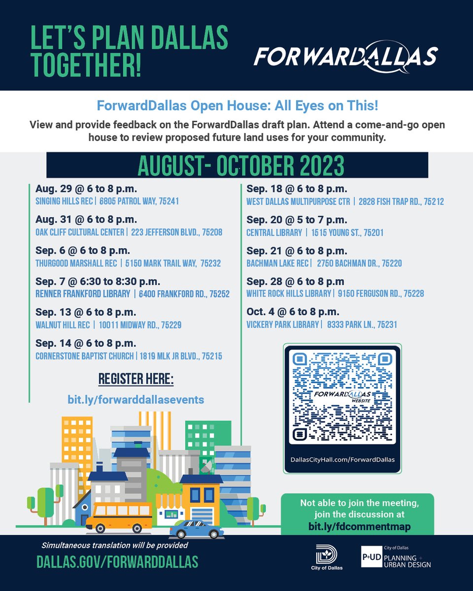 CityOfDallas's tweet photo. Attend a ForwardDallas Open House near you! ποΈ Exciting News! The #ForwardDallas Land Use Update is here! π This visionary plan sets the stage for our city's future, from job opportunities to cleaner air and more.
https://t.co/4hDDFPYaMN.
#DallasFuture #CommunityEngagement https://t.co/86ptF1RsbR