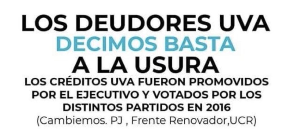 Basta de #UsuraUVA Las familias de #HipotecadosUVA merecemos nuestro hogar <a href="/SergioMassa/">Sergio Massa</a>
<a href="/CFKArgentina/">Cristina Kirchner</a>
<a href="/RicardoGuerraLR/">Ricardo Guerra</a>
<a href="/ditulliojuli/">Juliana di Tullio</a>
<a href="/luisnaidenoff/">Luis Naidenoff</a>
<a href="/SchiavoniH/">Humberto Schiavoni</a>
<a href="/FamaFlavio/">Flavio Fama</a>
<a href="/alevigo/">Alejandra Vigo</a>
<a href="/ljuez/">Luis Juez</a>
<a href="/GugaLusto/">Martín Lousteau</a>