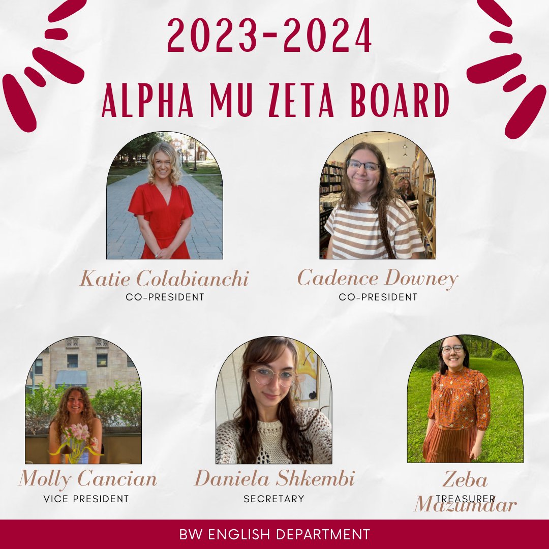 Introducing our 2023-2024 Alpha Mu Zeta officer board! Alpha Mu Zeta is the BW chapter of Sigma Tau Delta, the National English Honor Society. Be on the lookout for AMZ-sponsored events this semester and feel free to ask any of our officers questions! 📚