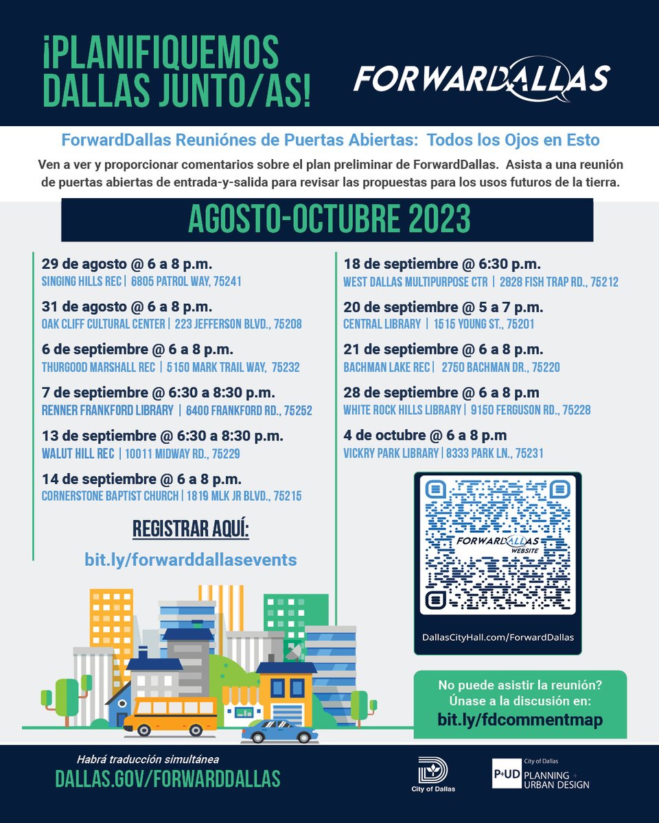 CiudadDeDallas's tweet image. ¡Asiste a los eventos de casa abierta de ForwardDallas ceca de ti! 🏙️ ¡Noticias emocionantes! ¡La actualización del uso del suelo #ForwardDallas ya está aquí! 🌟