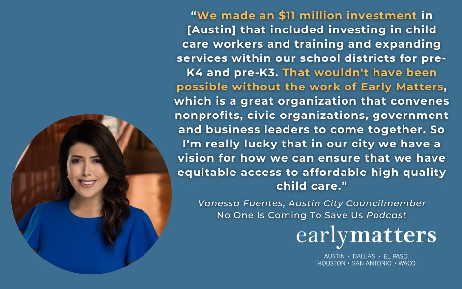 <a href="/EarlyMattersATX/">Early Matters Greater Austin</a> was proud to support a recent episode of <a href="/LemonadaMedia/">Lemonada Media</a>'s <a href="/SaveUsPodcast/">No One Is Coming to Save Us</a> about how Texas is tackling the child care shortage. We have a long way to go but you can hear some bright spots here: tinyurl.com/2ua55e5u. #txed <a href="/VanessaForATX/">Vanessa Fuentes 💃🏽</a>