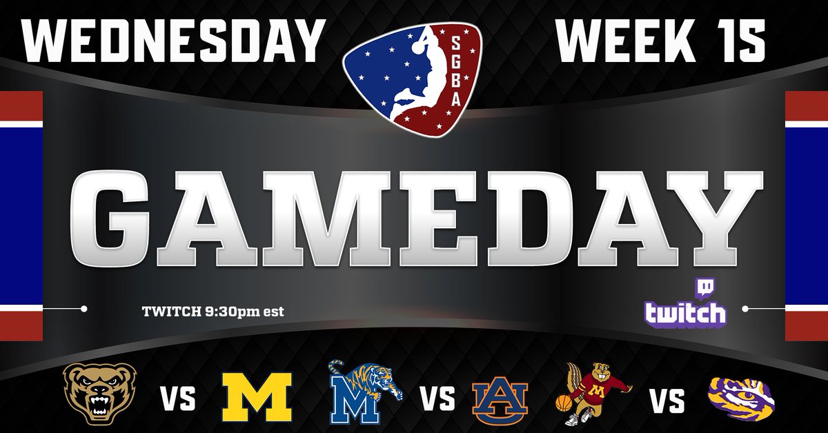 We continue Week 15 with a triple header tonight.  Join us on TWITCH at 930pm est for Oakland vs Michigan, Memphis vs Auburn &amp; Minnesota vs LSU. #1League #NBA2K #NBA2K24 #NBA2K23 <a href="/iNetworkSports/">iNetwork</a> <a href="/TGA_Media/">TGA</a> <a href="/SupportingStre3/">Network GG</a> <a href="/GamerGrowth/">GamerGrowth</a> <a href="/CaveaIO/">CAVEA</a> <a href="/MiMi_Iink/">MiMi ®</a> twitch.tv/sgba2kleague