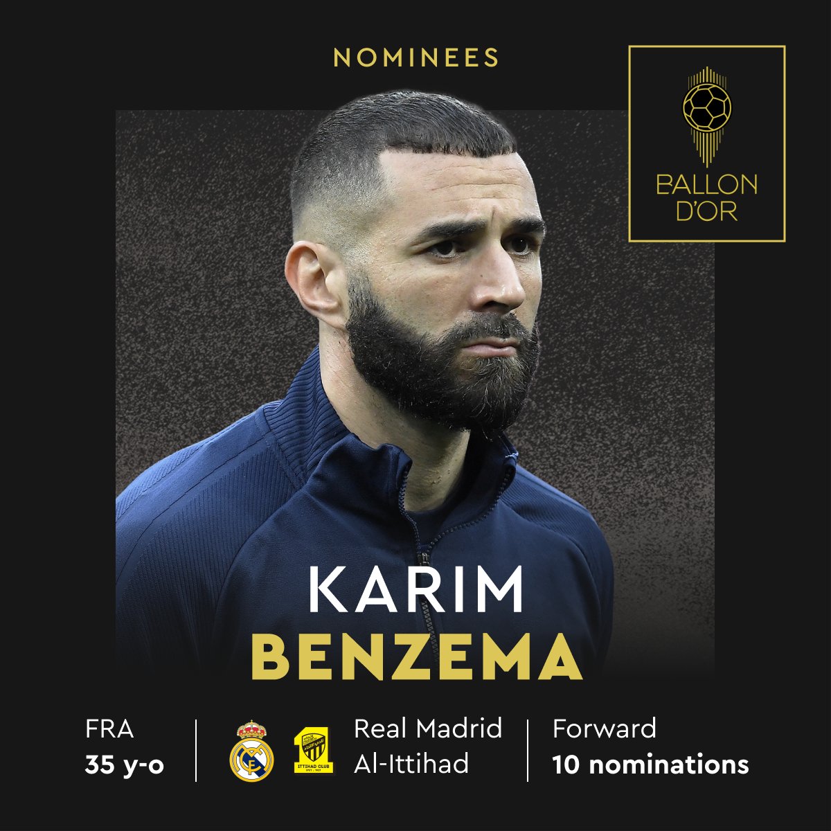 Nominated for the 2023 Ballon d’Or  

<a href="/Benzema/">Karim Benzema</a> 
<a href="/ittihad_en/">Al-Ittihad Club</a> 
<a href="/equipedefrance/">Equipe de France ⭐⭐</a>  

#ballondor