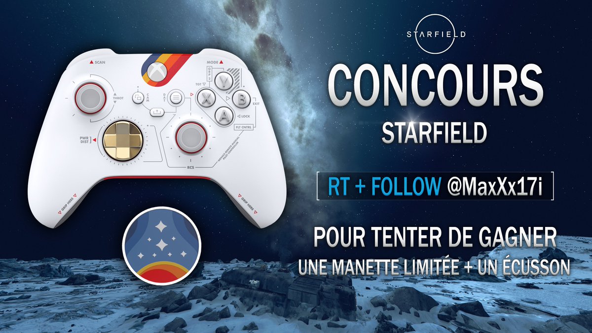 MaxXx17i's tweet photo. 🎁 #CONCOURS ! 🔥
Pour la sortie de #Starfield, tentez de remporter cette superbe manette limitée + écusson qui vous accompagneront dans votre aventure ! 🚀

Pour participer :
➡️ RT ce Tweet
➡️ Follow : @MaxXx17i

🗓️ TAS le 20/09, bonne chance explorateurs 🍀 et bon jeu à vous ! https://t.co/0EScGBo4qI