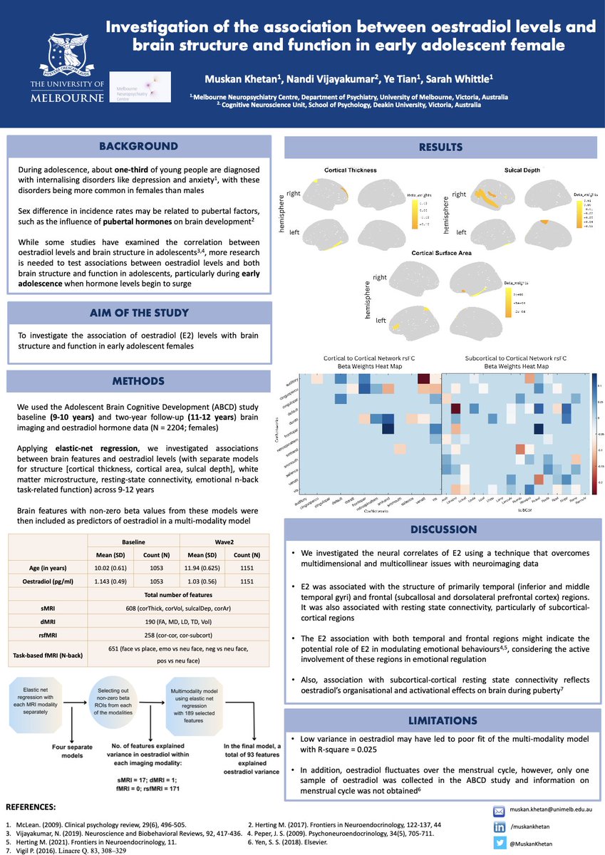 Muskankhetan02's tweet image. I am excited to attend my first #flux2023. Please stop by my poster in session 1 (Thursday; 16:30) on female sex hormones (oestradiol) and brain structure and function. 
Happy to chat more about puberty, brain and hormones! ☺️@FluxSociety