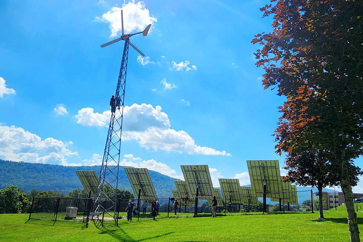 SUNYDelhi's tweet photo. Check out our Renewable Energy Integration students climbing the wind generator tower on campus this morning! So cool! #sunydelhi #renewableenergy #handsonlearning #appliedtechnologies https://t.co/zOxKDcvT0A