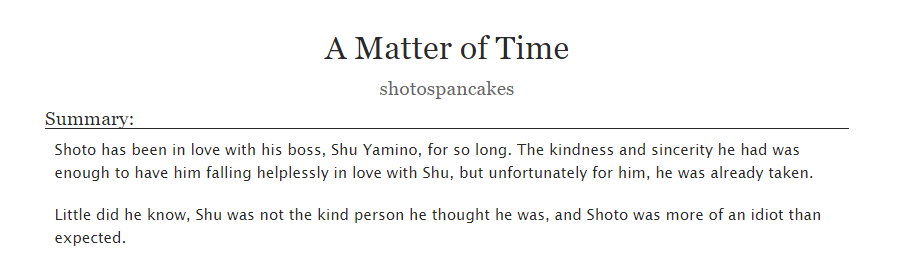 kanekurokaoshi's tweet photo. ♡ A Matter of Time ♡
#shuukito
👟🔮🗡️
💜 Cheating (?)
💜 Hurt/Comfort
💜 Dubcon 🔞
link: https://t.co/yxHIwQU2Ps
#ShotoBowlWeek https://t.co/6fqxpiRUdZ