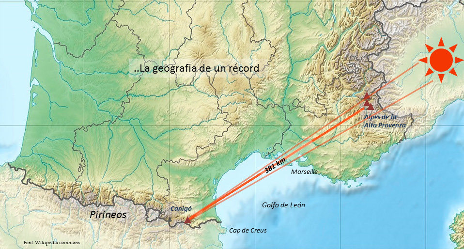 xruiztru's tweet photo. The furthest photographed sightline in the world is 443 km, from Pic de Finestrelles in the Catalan Pyrenees to Pic Gaspard in the French Alps. https://t.co/RmisbhTvLm