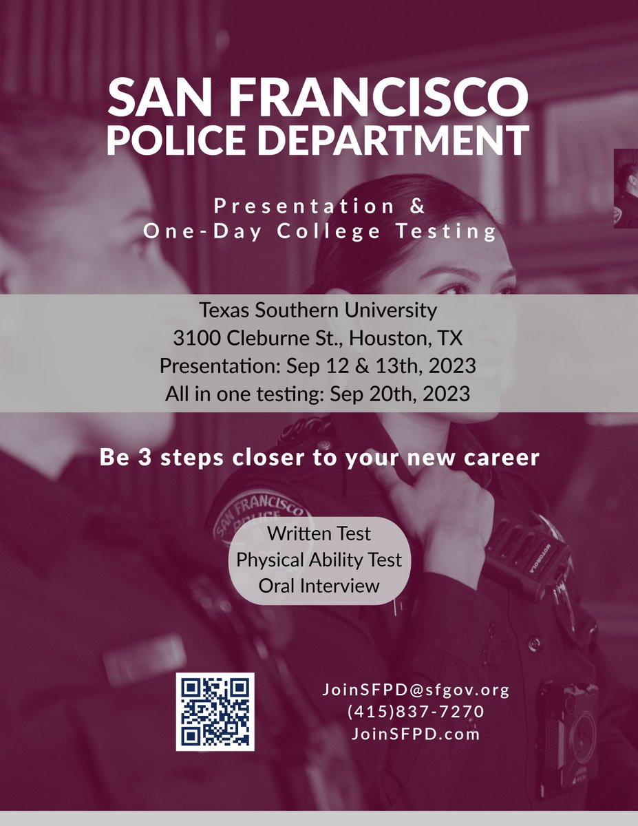 JoinSFPD's tweet photo. โผ๏ธ๐จSFPD IS COMING TO TEXAS๐จโผ๏ธ
Come join the San Francisco Police Department for ONE DAY TESTING!
For any questions about this event please contact us by phone, email, or DM. Hope you can make it!!
#sfpd #joinsfpd #police #sanfrancisco #sf #california #ca https://t.co/2IbL0zJWsp