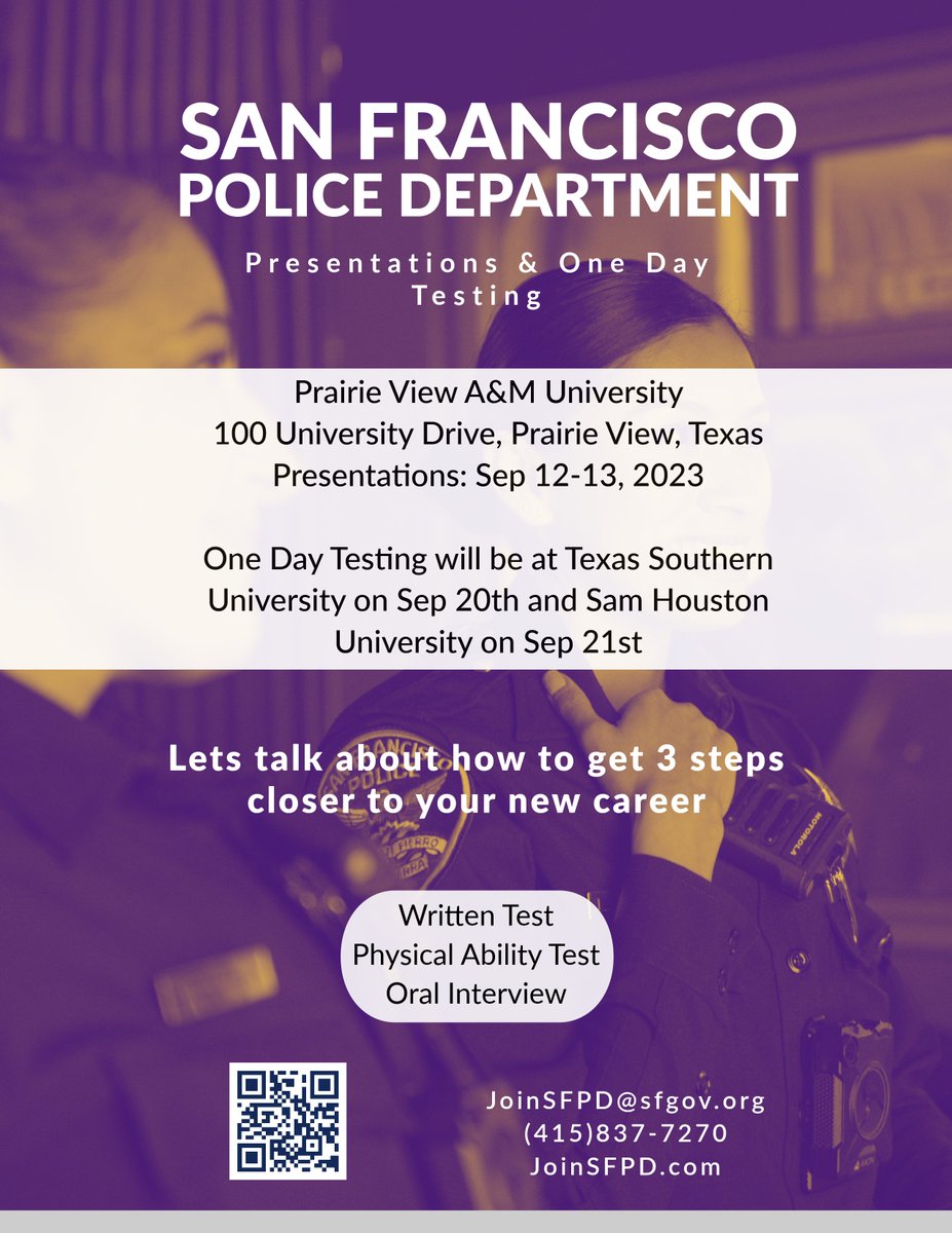 JoinSFPD's tweet photo. โผ๏ธ๐จSFPD IS COMING TO TEXAS๐จโผ๏ธ
Come join the San Francisco Police Department for ONE DAY TESTING!
For any questions about this event please contact us by phone, email, or DM. Hope you can make it!!
#sfpd #joinsfpd #police #sanfrancisco #sf #california #ca https://t.co/2IbL0zJWsp