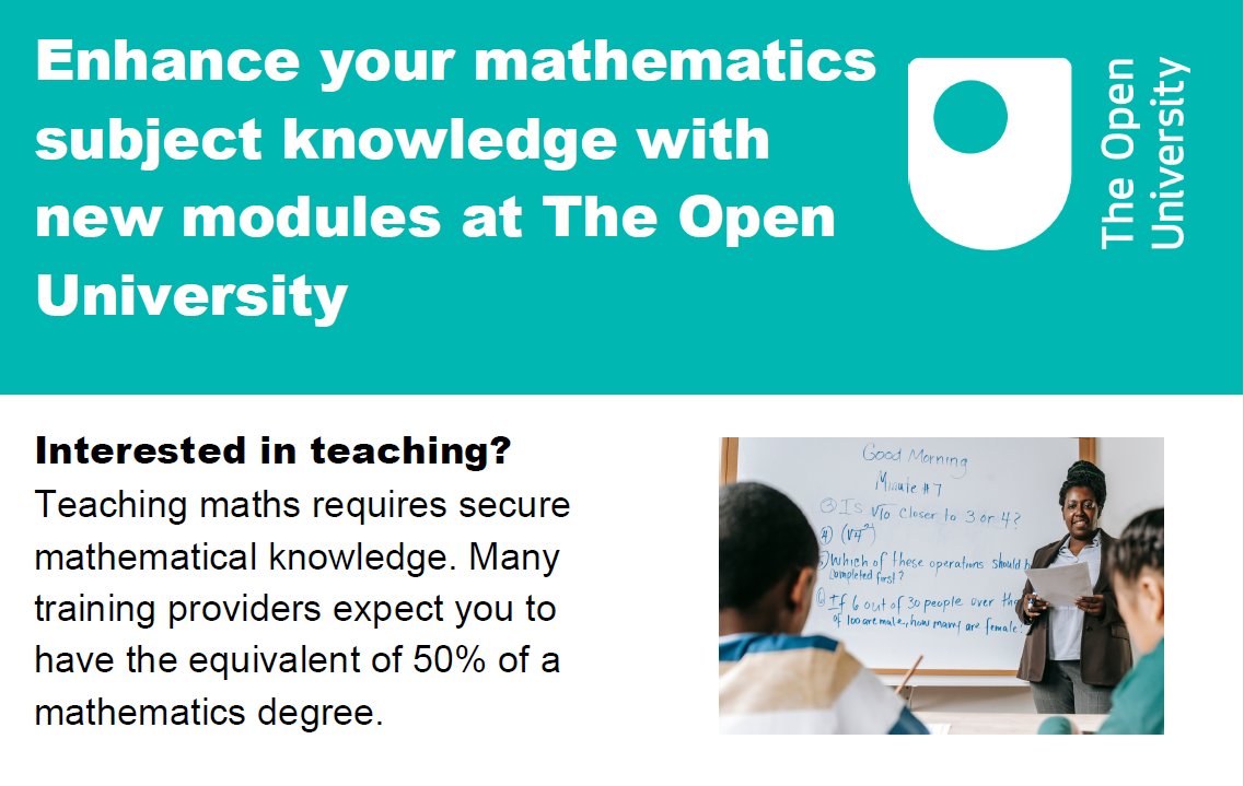 Its the last few weeks for TAs, parents, teachers, tutors, anyone really to join our 2023 mathematics education cohort.  Find out about the degree and specialist Stage 3 modules here tinyurl.com/52ds22rd or the free BOC here: tinyurl.com/4xh747rc