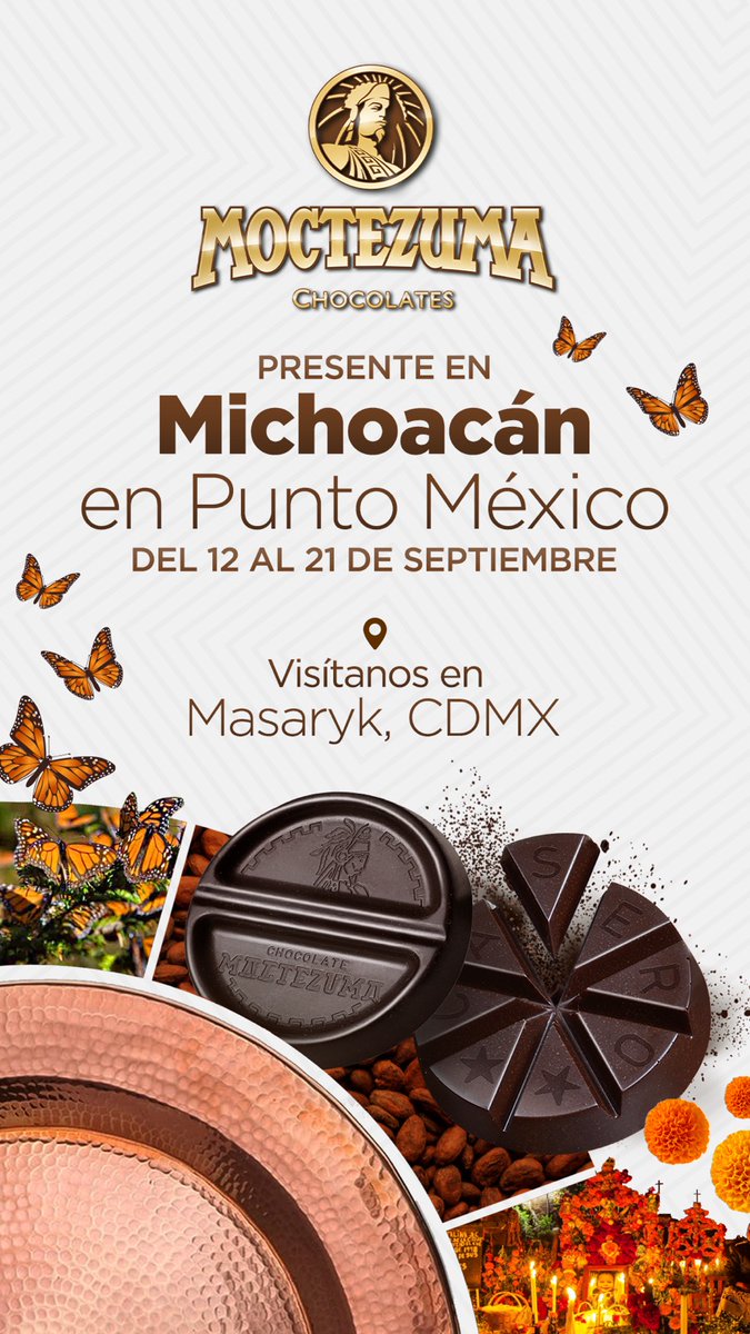 Moctezuma_Choco's tweet photo. ¡Los esperamos en #PuntoMéxico del 12 al 21 de Septiembre en CDMX! 🍫☕️

📍Av. Pdte. Masaryk 172. Polanco. CDMX

#ChocolateMoctezuma
#OrgulloMichoacano
#ChocolateMexicano https://t.co/6gsEHfVaol