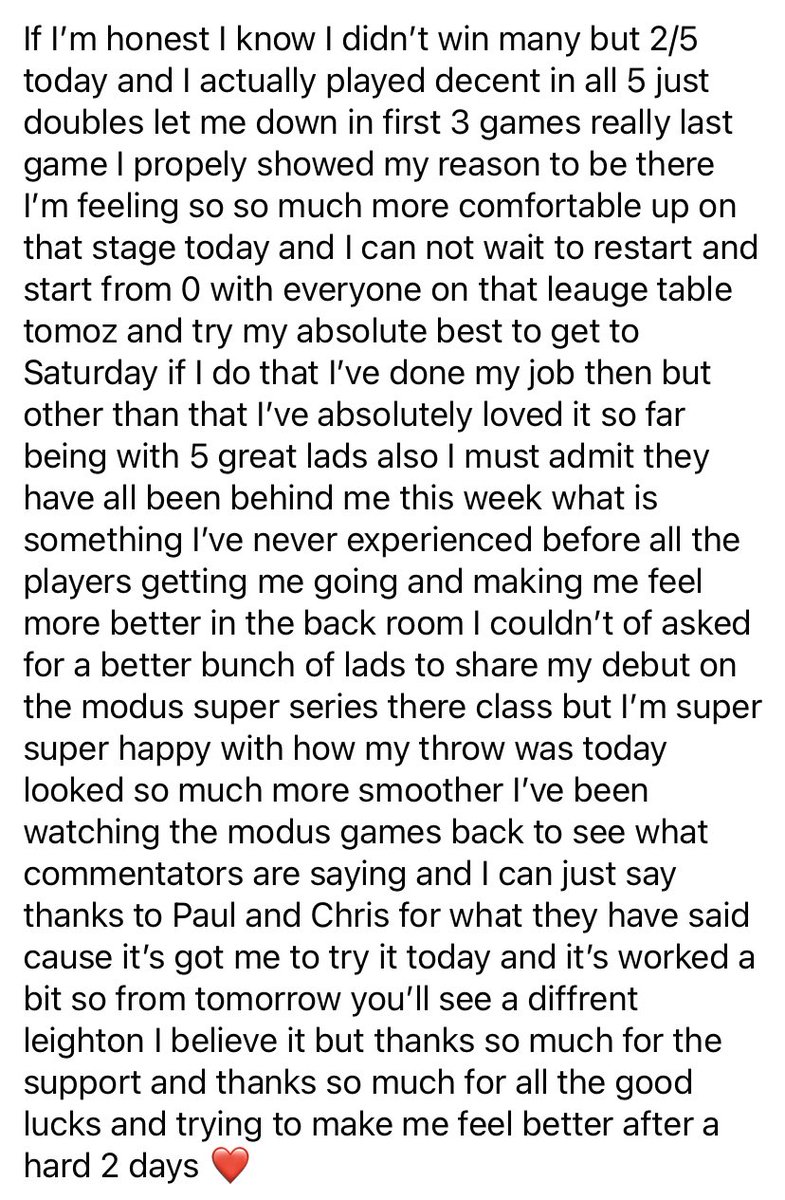This is a very very honest review from so far with the <a href="/MSSdarts/">MODUS Super Series</a> journey of me I’ve absolutely loved it! Thank you modus for the opportunity so far for me playing this week buzzing that I’ve still got 2 more days to try get a extra night out of it!