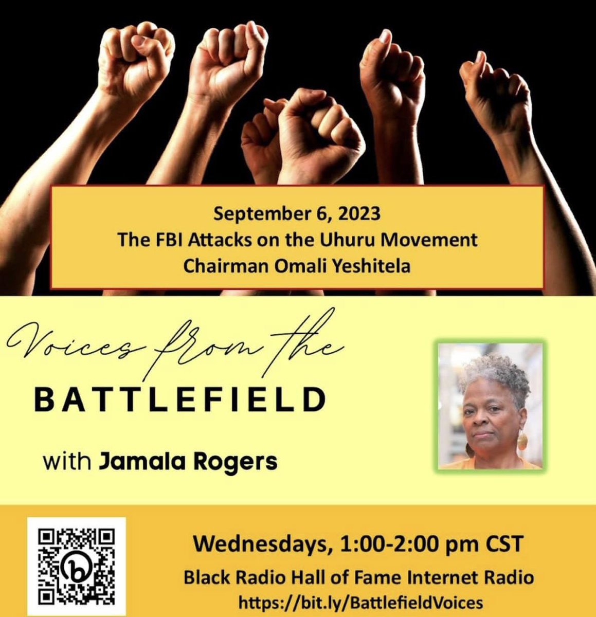 Uhuru!

Tune in to my interview on Voices from the Battlefield with Jamala Rogers!

Wednesday, September 06, 2023 @ 1:00pm-2:00pm CT / 2:00pm-3:00pm ET.

bit.ly/BattlefieldVoi…

#OmaliYeshitela #ChairmanOmaliYeshitela #UhuruMovement #HandsOffUhuru #HandsOffAfrica #Uhuru #StopFBI