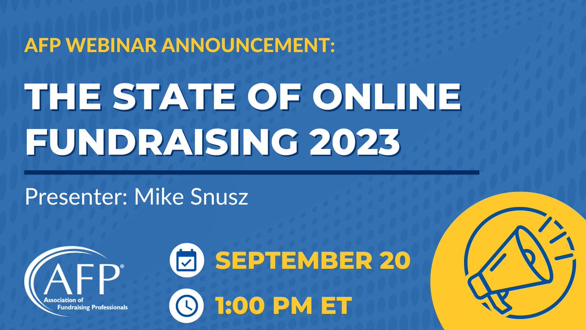 Mark your calendars for this upcoming premium webinar!

This webinar will analyze the state of nonprofit online fundraising and marketing, including the latest industry benchmarks, trends and successes. 

Learn more &amp; register:
afpglobal.org/webinars/afp-w…