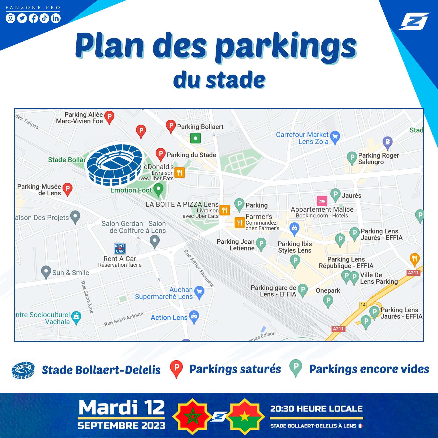 Fanzone.PRO on X: Plan des parkings autour du Stade Bollaert-Delelis 🅿️🏟  🟢Parkings encore vides 🔴Parkings saturés ! #lens #maroc #morocco  #BurkinaFaso #football #france #news  / X