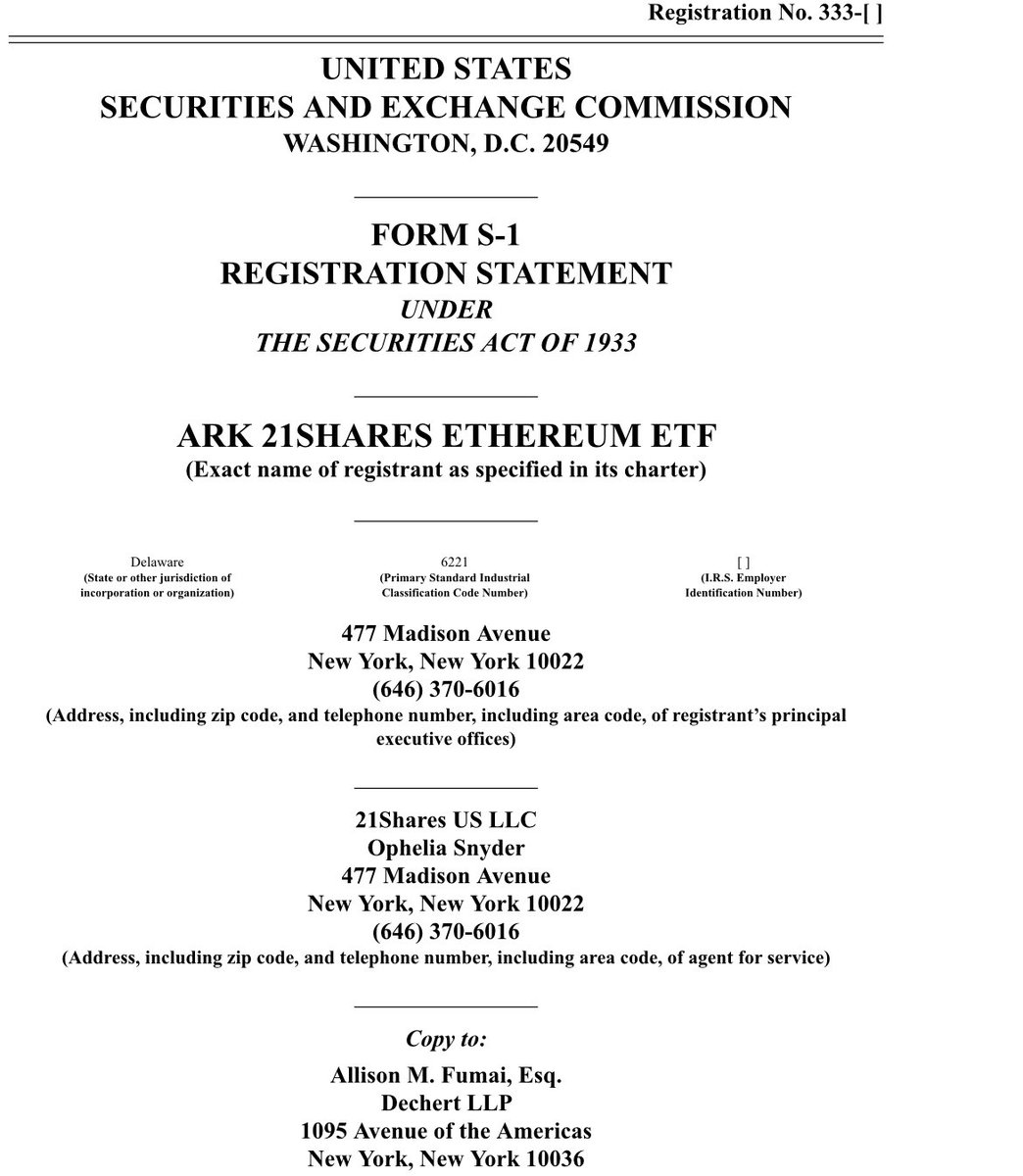 BOOM: ARK just filed for a Spot Ether ETF, the first one..  prob more coming imminent