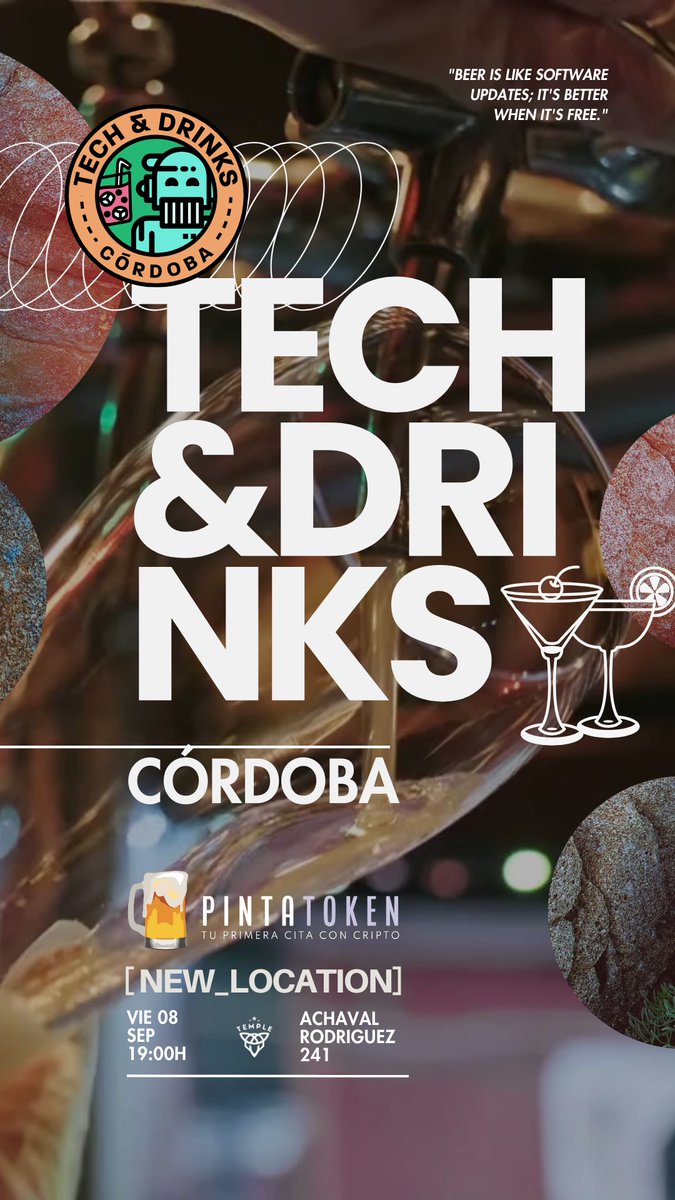 tech_drinks_cba's tweet image. Es de mi agrado informar que esta semana tenemos meetup y anunciamos nueva locación😎

Una vez más nos acompaña @pintatoken para hidratar a los asistentes 🍻

📅 Viernes 08/09, 19hs.
📍Temple bar (Güemes). Achaval Rodriguez 241, Córdoba.

A quien vemos por aquí?