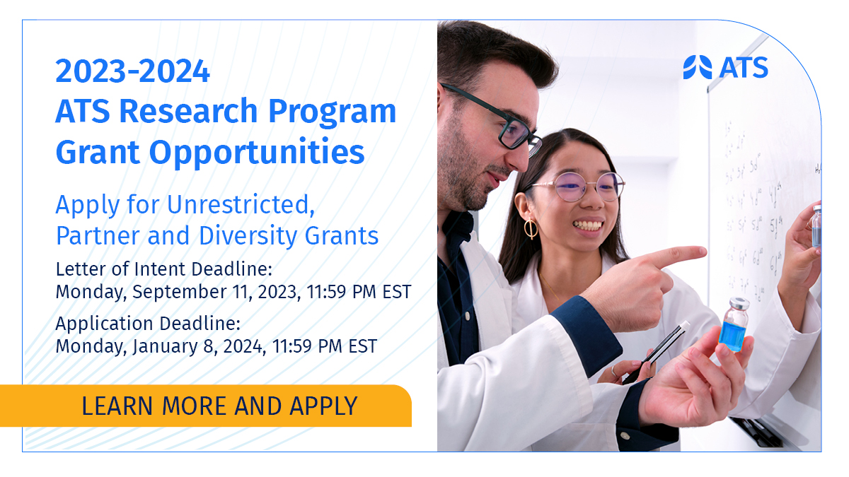 ATS_Assemblies's tweet image. ⏰DEADLINE APPROACHING⏰
2023-2024 Research Program Grants applications are open! Letter of Intent deadline is Sep. 1⃣1⃣!!
Application 🔗research.thoracic.org/grants/  
#appplynow #researchprogram