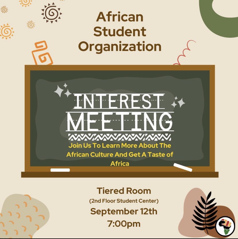 Come learn more About ASO and how to become an Active Member.
Free Jollof Rice Will be Provided❗️

Sept 12 7:00pm | See you there!